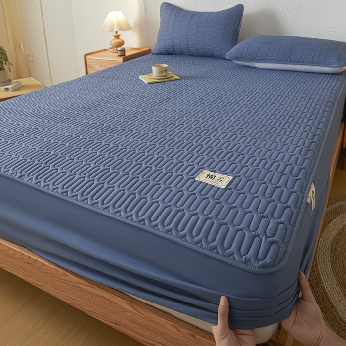 女子家纺 2026新款新款A类新疆棉花夹棉防水单品床笠 小竹纹-宾蓝