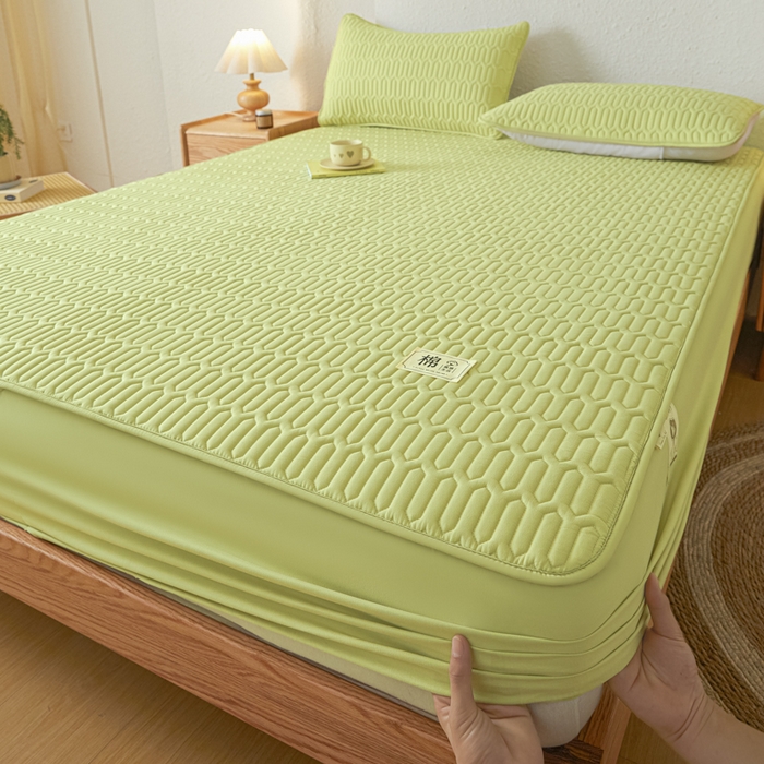 女子家纺 2026新款新款A类新疆棉花夹棉防水单品床笠 小竹纹-果绿