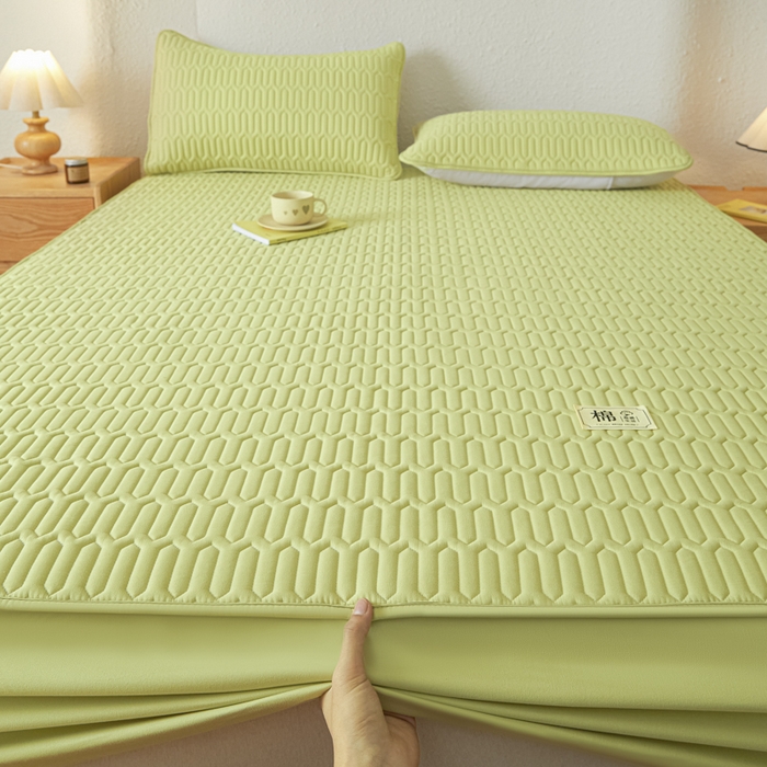 91家纺网 家纺一手货源 找家纺 女子家纺 2026新款新款A类新疆棉花夹棉防水单品床笠 小竹纹-果绿