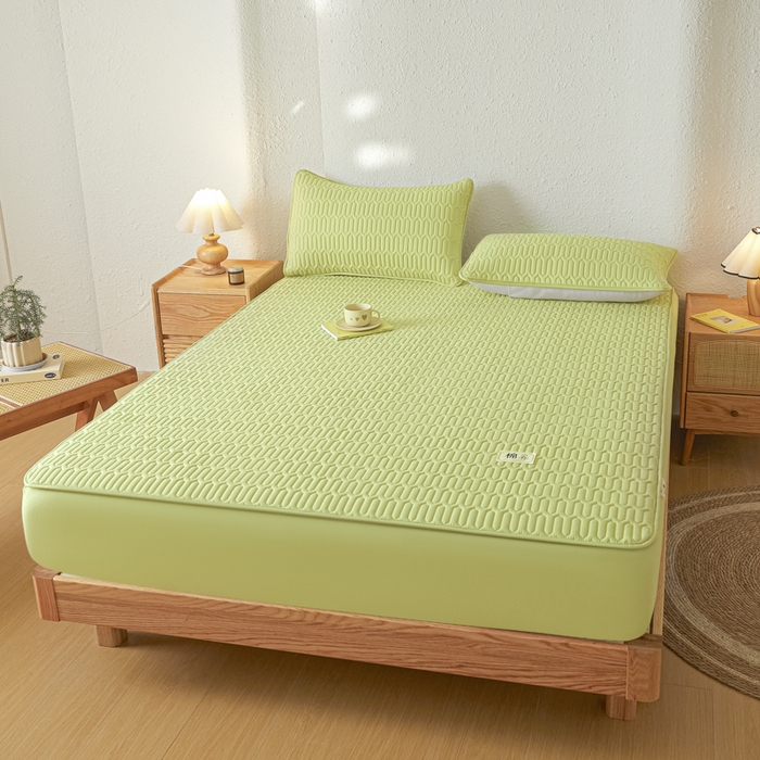 91家纺网 家纺一手货源 找家纺 女子家纺 2026新款新款A类新疆棉花夹棉防水单品床笠 小竹纹-果绿