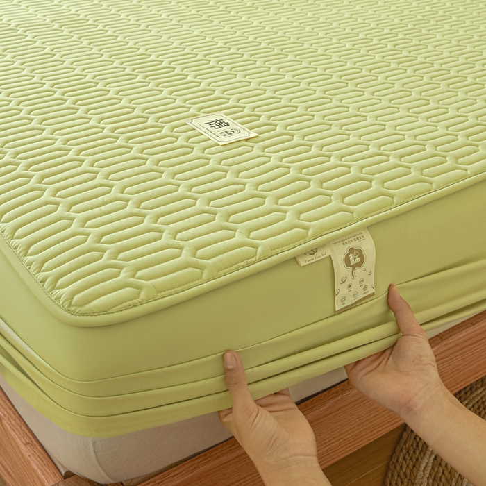 91家纺网 家纺一手货源 找家纺 女子家纺 2026新款新款A类新疆棉花夹棉防水单品床笠 小竹纹-果绿