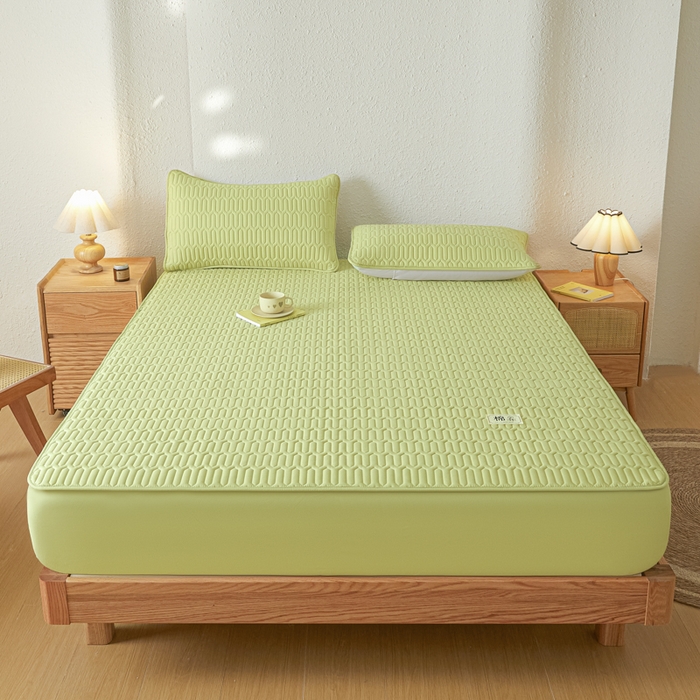 91家纺网 家纺一手货源 找家纺 女子家纺 2026新款新款A类新疆棉花夹棉防水单品床笠 小竹纹-果绿