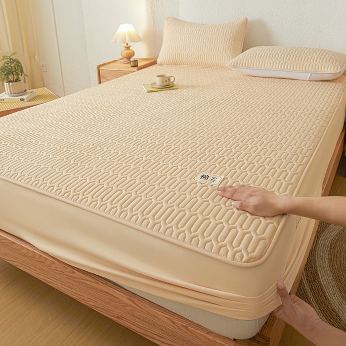 91家纺网 家纺一手货源 找家纺 女子家纺 2026新款新款A类新疆棉花夹棉防水单品床笠 小竹纹-卡其