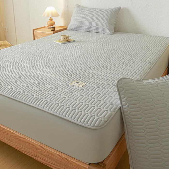 91家纺网 家纺一手货源 找家纺 女子家纺 2026新款新款A类新疆棉花夹棉防水单品床笠 小竹纹-浅灰