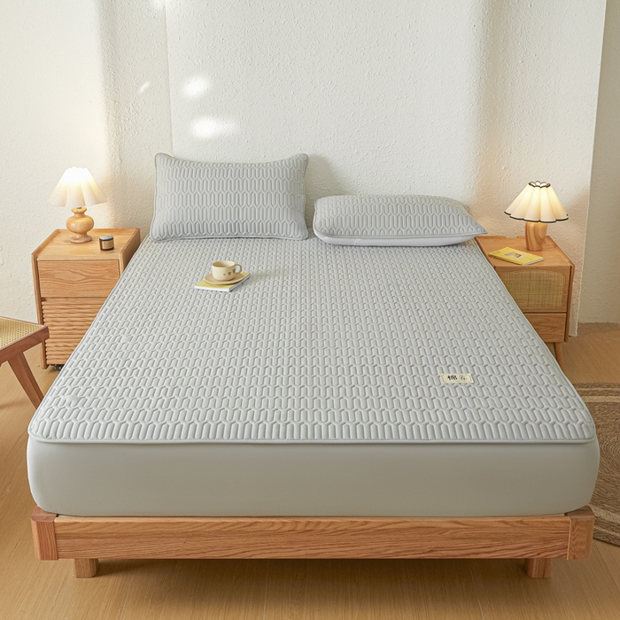 91家纺网 家纺一手货源 找家纺 女子家纺 2026新款新款A类新疆棉花夹棉防水单品床笠 小竹纹-浅灰