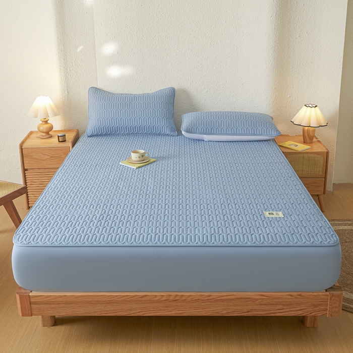 91家纺网 家纺一手货源 找家纺 女子家纺 2026新款新款A类新疆棉花夹棉防水单品床笠 小竹纹-雾蓝