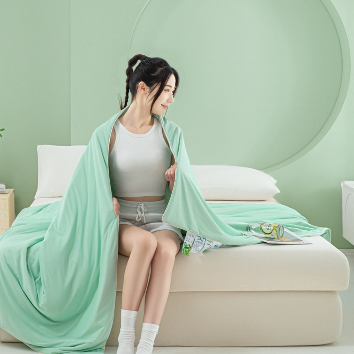 91家纺网 家纺一手货源 找家纺 爱彼家纺 2026新款冰吸薄荷A类氨纶黑科技凉感夏被冰薄荷空调被夏凉被-薄荷系列二 薄荷绿