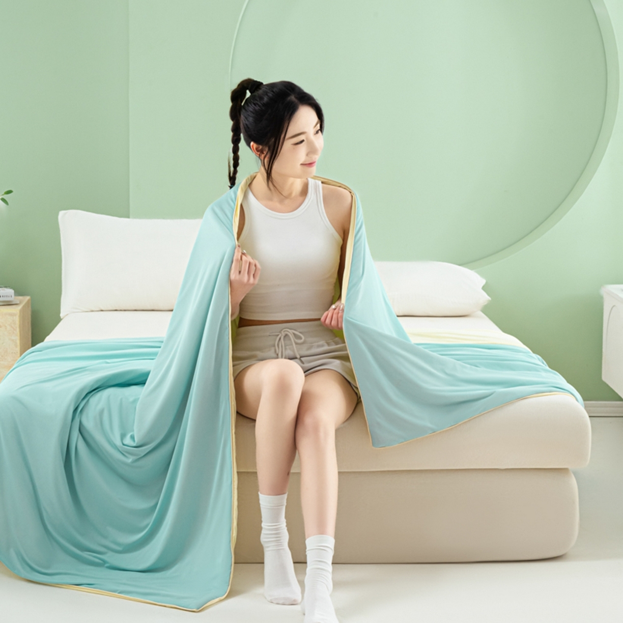 91家纺网 家纺一手货源 找家纺 爱彼家纺 2026新款冰吸薄荷A类氨纶黑科技凉感夏被冰薄荷空调被夏凉被-薄荷系列二 薄荷蓝