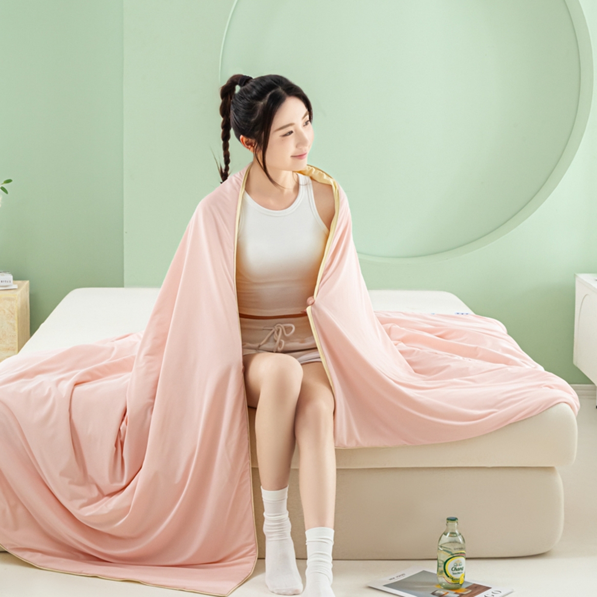 91家纺网 家纺一手货源 找家纺 爱彼家纺 2026新款冰吸薄荷A类氨纶黑科技凉感夏被冰薄荷空调被夏凉被-薄荷系列二 薄荷粉