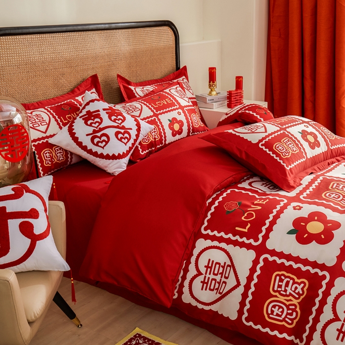 91家纺网 家纺一手货源 找家纺 （总）啊雅家居 2026新款大红婚庆数码印花四件套床单款床笠款