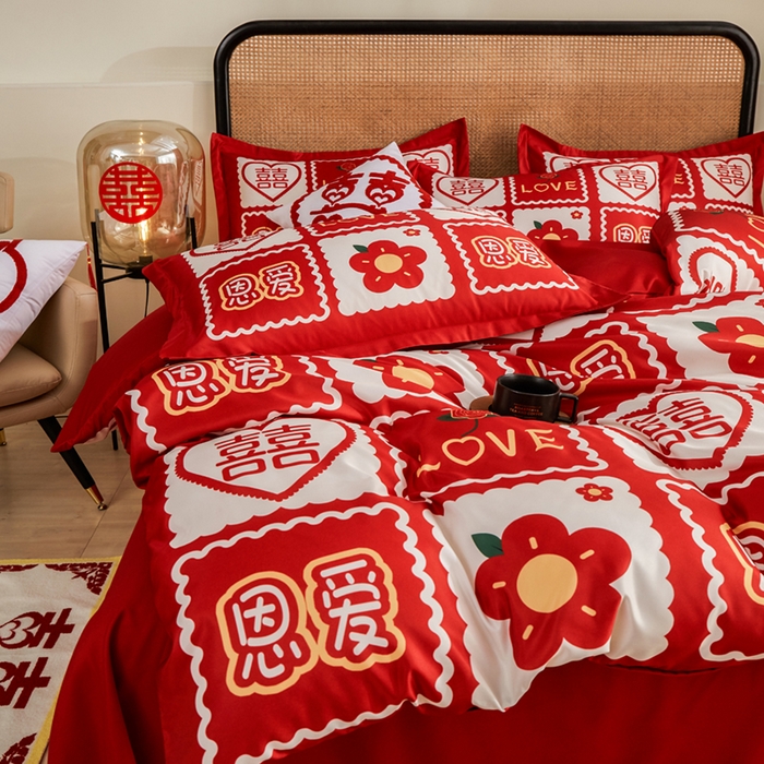 91家纺网 家纺一手货源 找家纺 （总）啊雅家居 2026新款大红婚庆数码印花四件套床单款床笠款