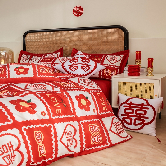 91家纺网 家纺一手货源 找家纺 （总）啊雅家居 2026新款大红婚庆数码印花四件套床单款床笠款
