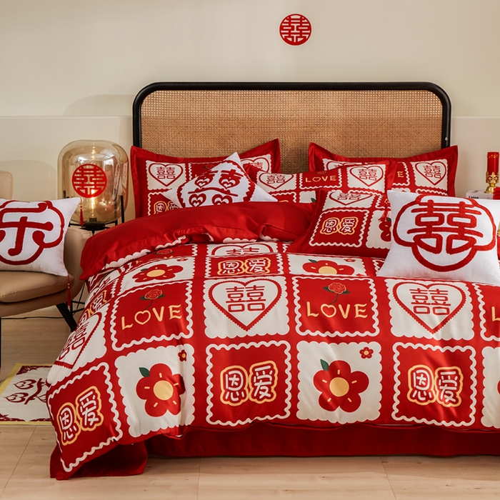 91家纺网 家纺一手货源 找家纺 （总）啊雅家居 2026新款大红婚庆数码印花四件套床单款床笠款