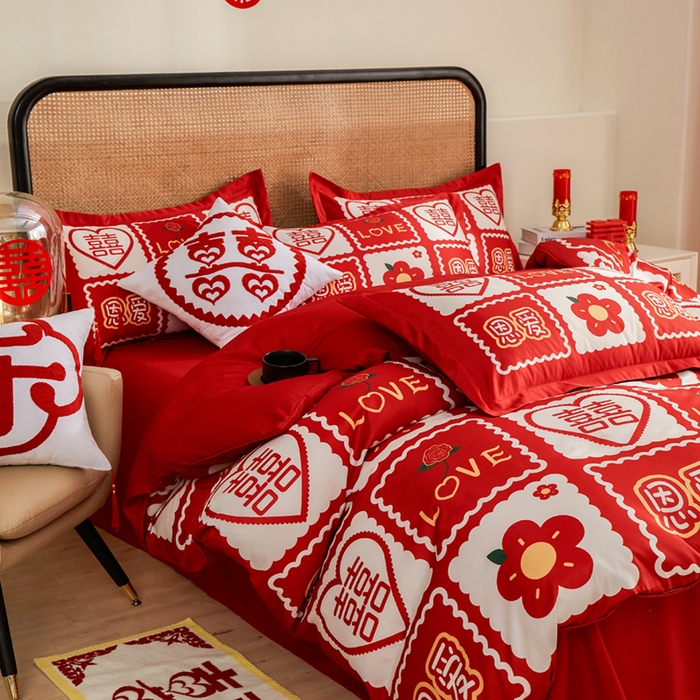 91家纺网 家纺一手货源 找家纺 啊雅家居 2026新款大红婚庆数码印花四件套床单款床笠款 恩爱