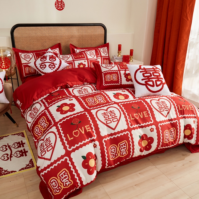91家纺网 家纺一手货源 找家纺 啊雅家居 2026新款大红婚庆数码印花四件套床单款床笠款 恩爱