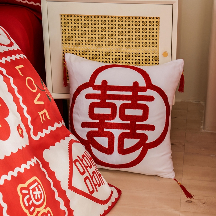 91家纺网 家纺一手货源 找家纺 啊雅家居 2026新款大红婚庆数码印花四件套床单款床笠款 恩爱