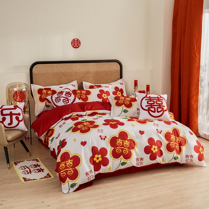 91家纺网 家纺一手货源 找家纺 啊雅家居 2026新款大红婚庆数码印花四件套床单款床笠款 花囍