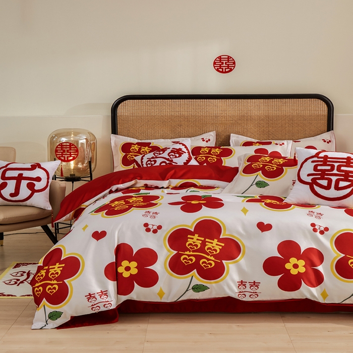 91家纺网 家纺一手货源 找家纺 啊雅家居 2026新款大红婚庆数码印花四件套床单款床笠款 花囍
