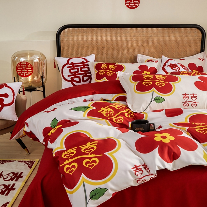 91家纺网 家纺一手货源 找家纺 啊雅家居 2026新款大红婚庆数码印花四件套床单款床笠款 花囍