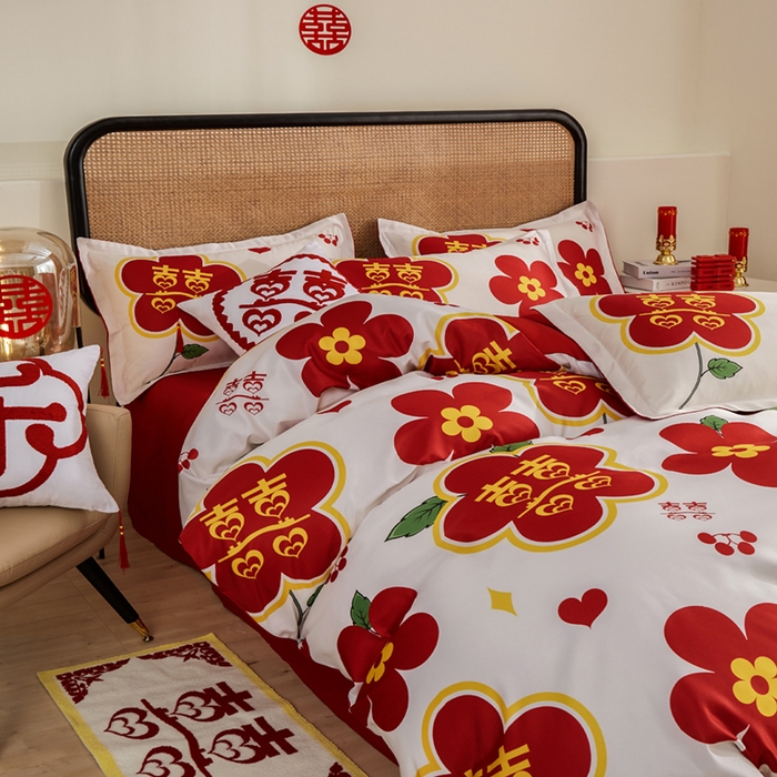 91家纺网 家纺一手货源 找家纺 啊雅家居 2026新款大红婚庆数码印花四件套床单款床笠款 花囍