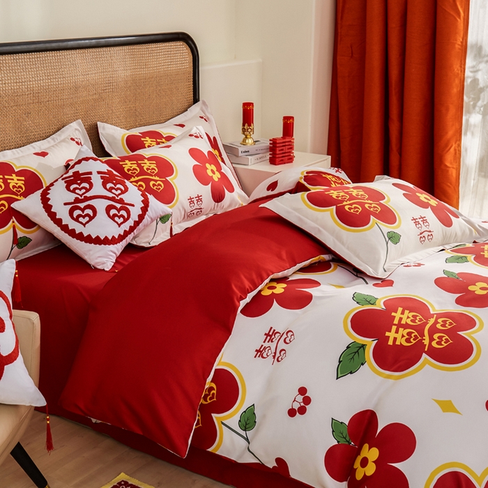 91家纺网 家纺一手货源 找家纺 啊雅家居 2026新款大红婚庆数码印花四件套床单款床笠款 花囍