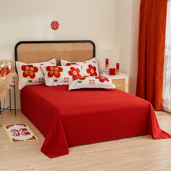91家纺网 家纺一手货源 找家纺 啊雅家居 2026新款大红婚庆数码印花四件套床单款床笠款 花囍