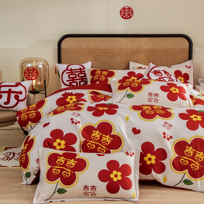 91家纺网 家纺一手货源 找家纺 啊雅家居 2026新款大红婚庆数码印花四件套床单款床笠款 花囍