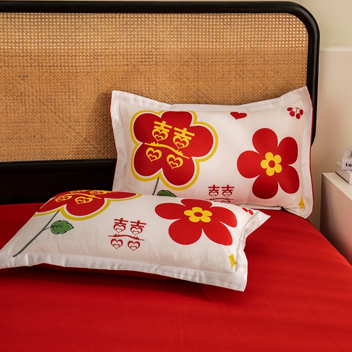 91家纺网 家纺一手货源 找家纺 啊雅家居 2026新款大红婚庆数码印花四件套床单款床笠款 花囍