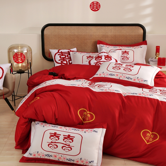 91家纺网 家纺一手货源 找家纺 啊雅家居 2026新款大红婚庆数码印花四件套床单款床笠款 双囍