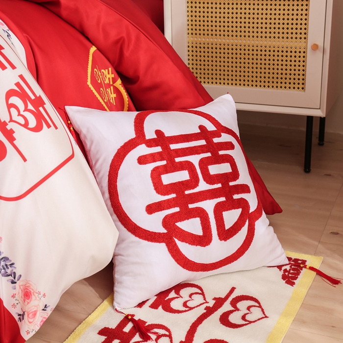 91家纺网 家纺一手货源 找家纺 啊雅家居 2026新款大红婚庆数码印花四件套床单款床笠款 双囍