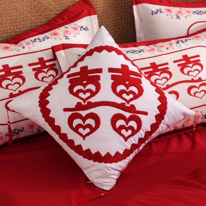 91家纺网 家纺一手货源 找家纺 啊雅家居 2026新款大红婚庆数码印花四件套床单款床笠款 双囍