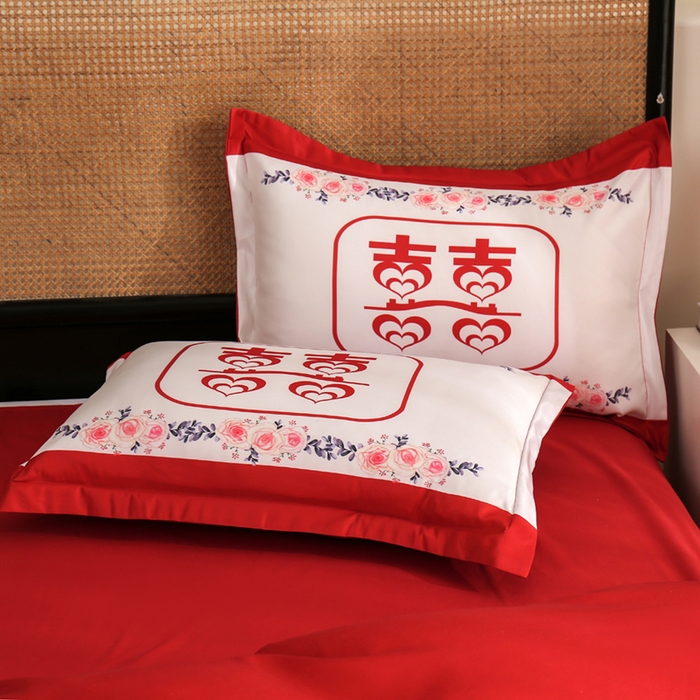 91家纺网 家纺一手货源 找家纺 啊雅家居 2026新款大红婚庆数码印花四件套床单款床笠款 双囍