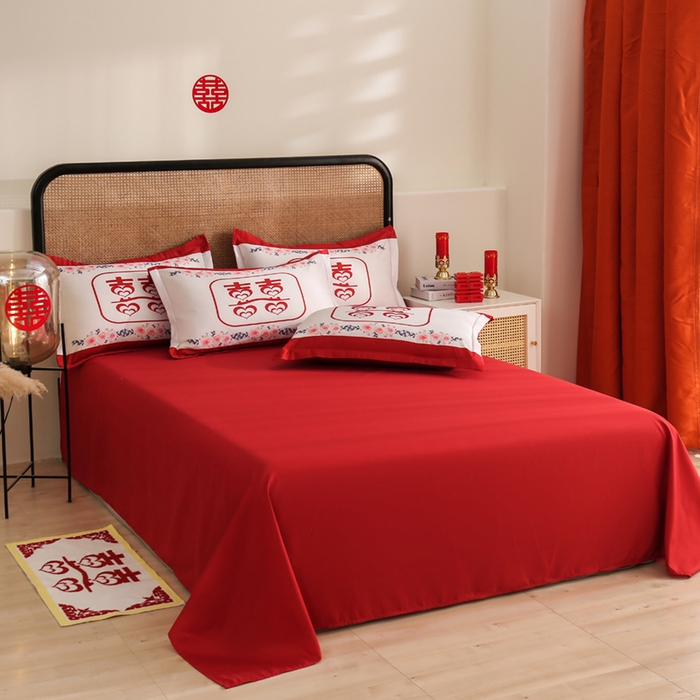 91家纺网 家纺一手货源 找家纺 啊雅家居 2026新款大红婚庆数码印花四件套床单款床笠款 双囍
