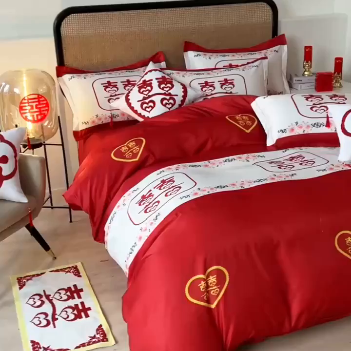 91家纺网 家纺一手货源 找家纺 啊雅家居 2026新款大红婚庆数码印花四件套床单款床笠款 双囍