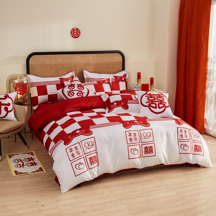 91家纺网 家纺一手货源 找家纺 啊雅家居 2026新款大红婚庆数码印花四件套床单款床笠款 相爱格