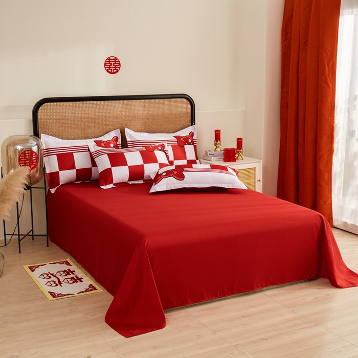 91家纺网 家纺一手货源 找家纺 啊雅家居 2026新款大红婚庆数码印花四件套床单款床笠款 相爱格