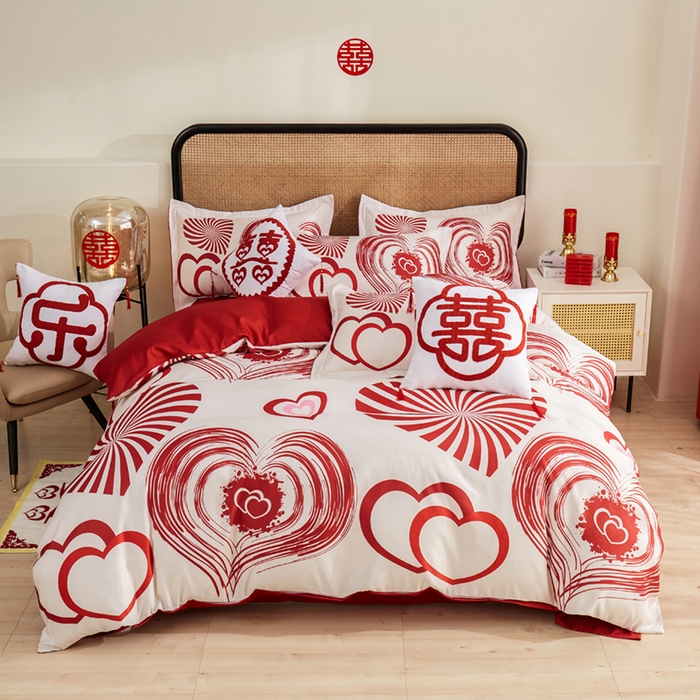 啊雅家居 2026新款大红婚庆数码印花四件套床单款床笠款 心爱