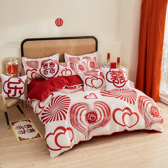 91家纺网 家纺一手货源 找家纺 啊雅家居 2026新款大红婚庆数码印花四件套床单款床笠款 心爱