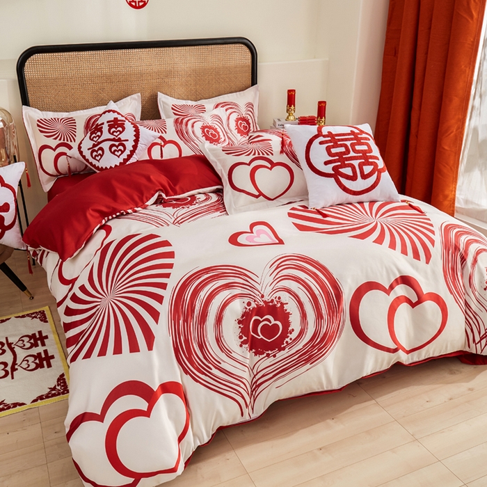 91家纺网 家纺一手货源 找家纺 啊雅家居 2026新款大红婚庆数码印花四件套床单款床笠款 心爱