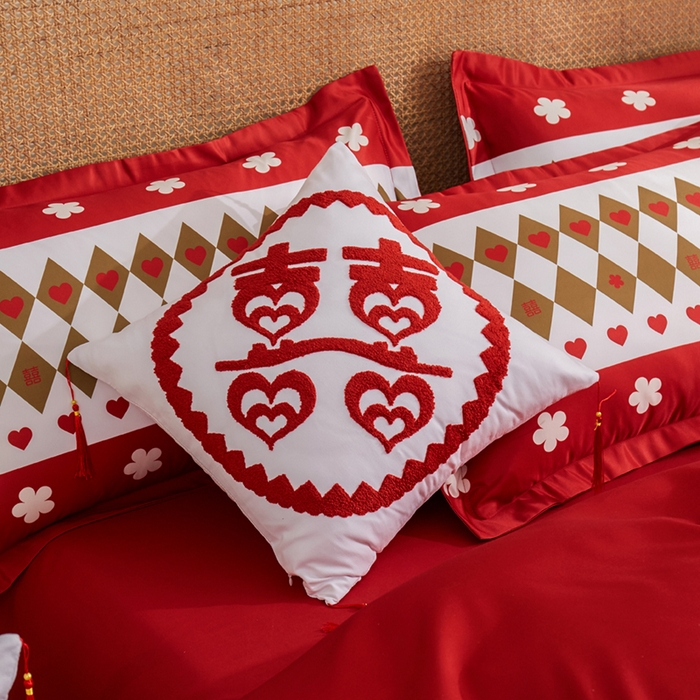 91家纺网 家纺一手货源 找家纺 啊雅家居 2026新款大红婚庆数码印花四件套床单款床笠款 永结同心