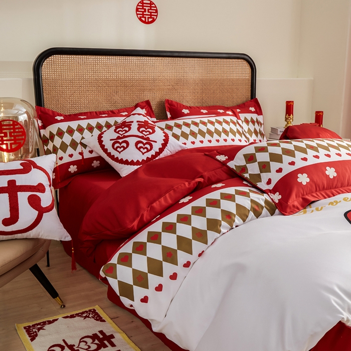 91家纺网 家纺一手货源 找家纺 啊雅家居 2026新款大红婚庆数码印花四件套床单款床笠款 永结同心