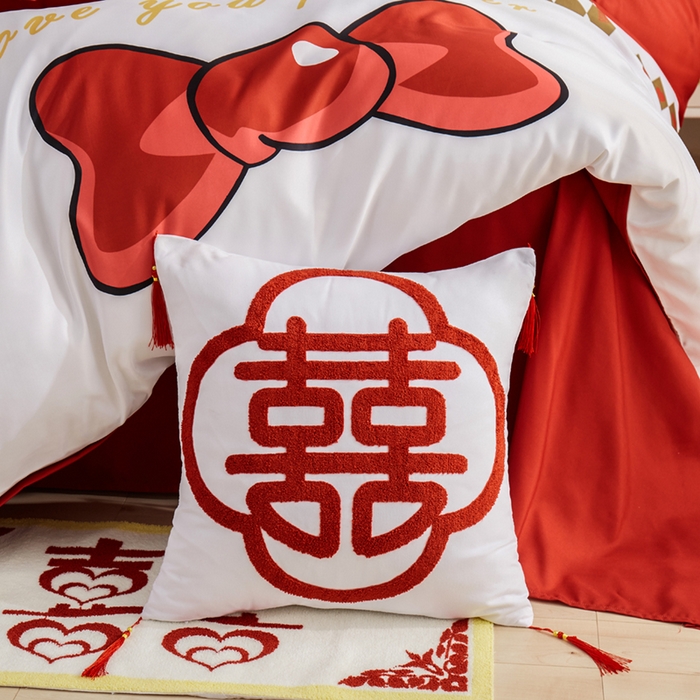91家纺网 家纺一手货源 找家纺 啊雅家居 2026新款大红婚庆数码印花四件套床单款床笠款 永结同心