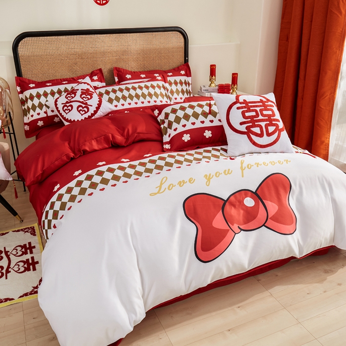 91家纺网 家纺一手货源 找家纺 啊雅家居 2026新款大红婚庆数码印花四件套床单款床笠款 永结同心