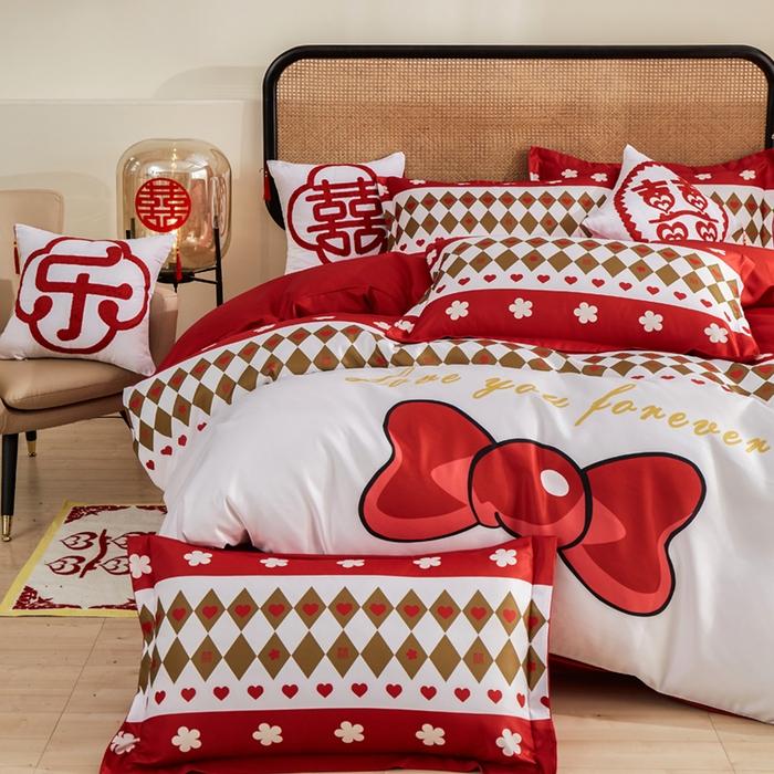 91家纺网 家纺一手货源 找家纺 啊雅家居 2026新款大红婚庆数码印花四件套床单款床笠款 永结同心