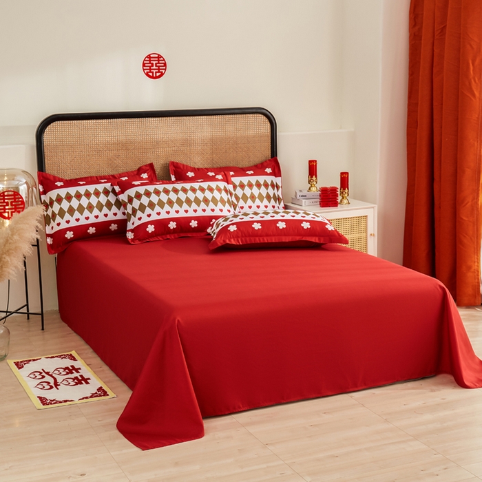 91家纺网 家纺一手货源 找家纺 啊雅家居 2026新款大红婚庆数码印花四件套床单款床笠款 永结同心