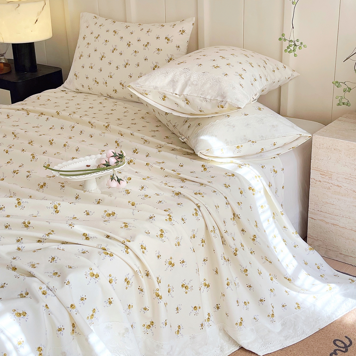 91家纺网 家纺一手货源 找家纺 春皖家纺 2026春夏新品老粗布花边款单枕套 枕套单件 花边-倩影米