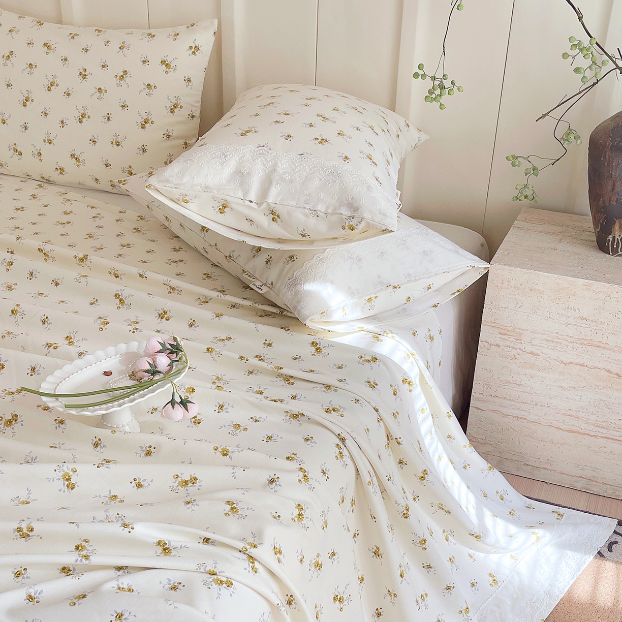 91家纺网 家纺一手货源 找家纺 春皖家纺 2026春夏新品老粗布花边款单枕套 枕套单件 花边-倩影米