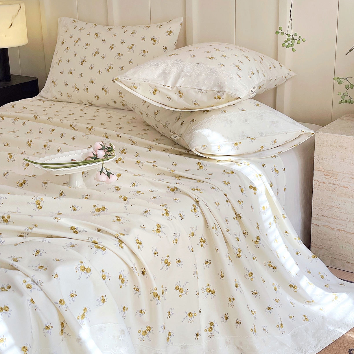 91家纺网 家纺一手货源 找家纺 春皖家纺 2026春夏新品老粗布花边款单枕套 枕套单件 花边-倩影米