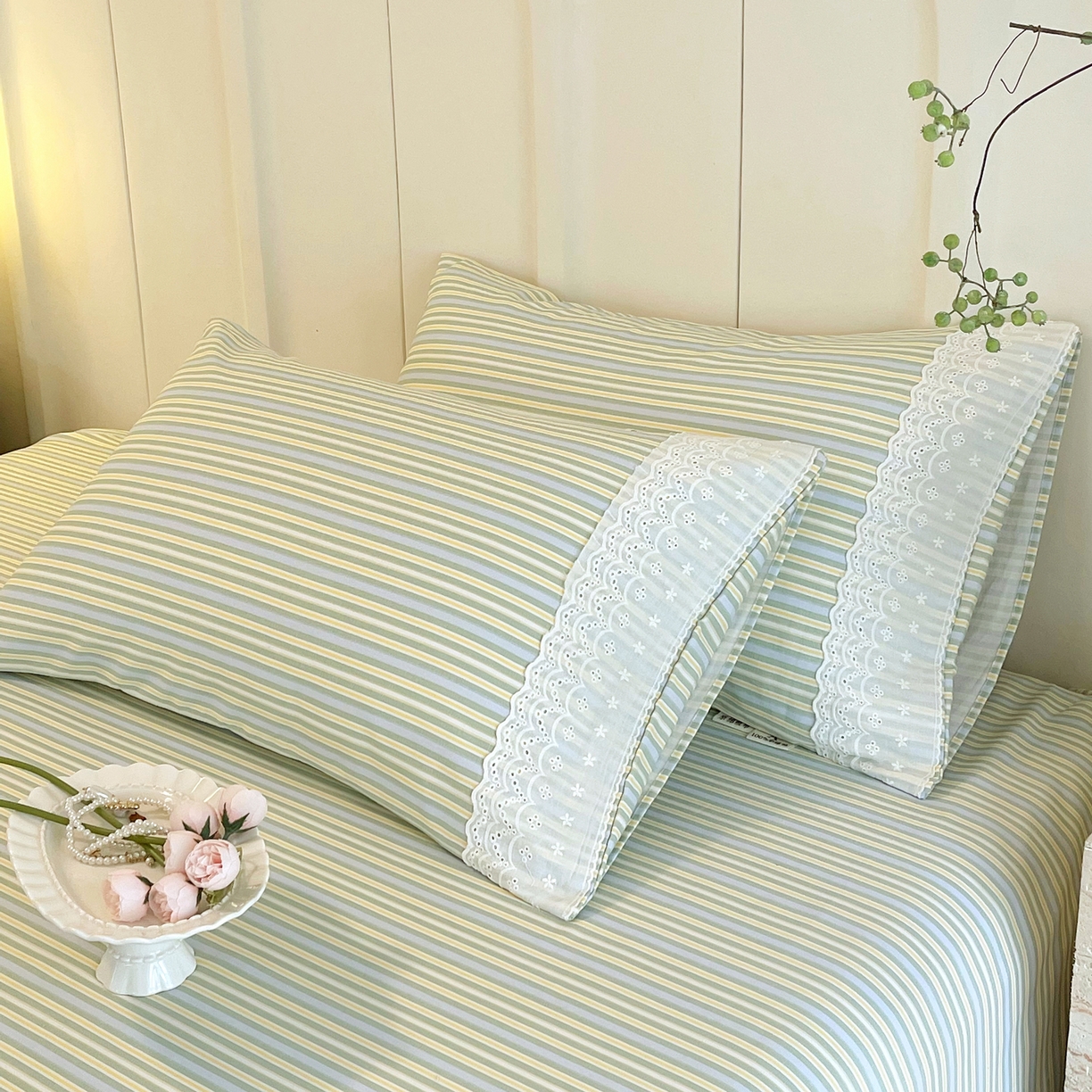 春皖家纺 2026春夏新品老粗布花边款单枕套 枕套单件 花边-琴南