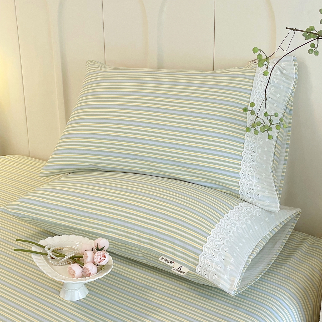 91家纺网 家纺一手货源 找家纺 春皖家纺 2026春夏新品老粗布花边款单枕套 枕套单件 花边-琴南